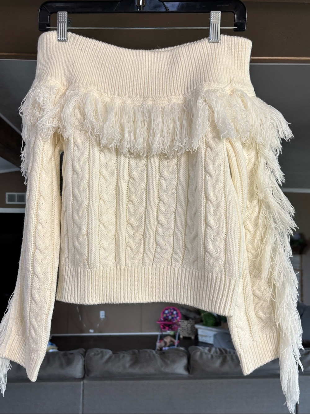 Off-Shoulder Cream Fringe Cable-Knit Sweater